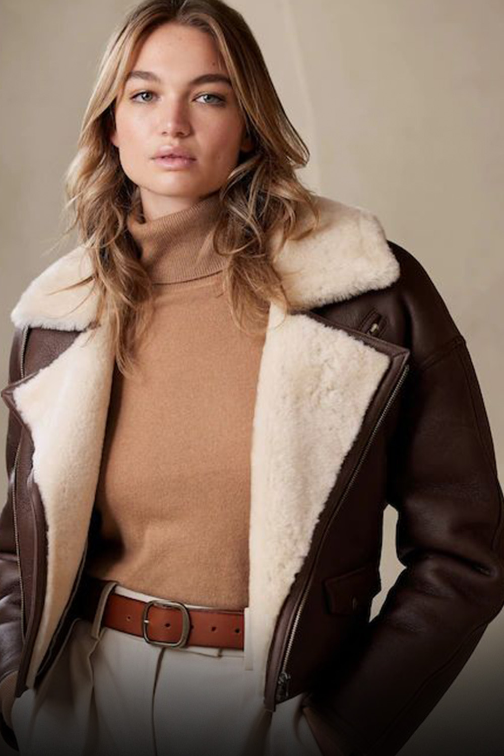 Leather Jacket with Knitted Turtleneck