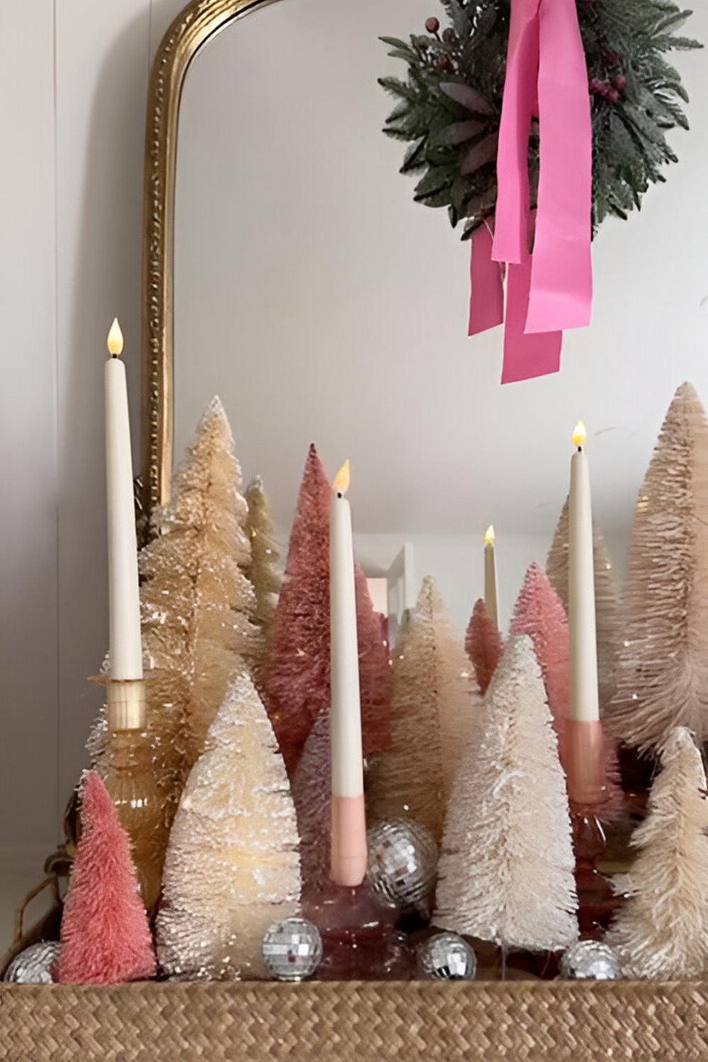 Tinsel and Garland Bottle Brush Trees