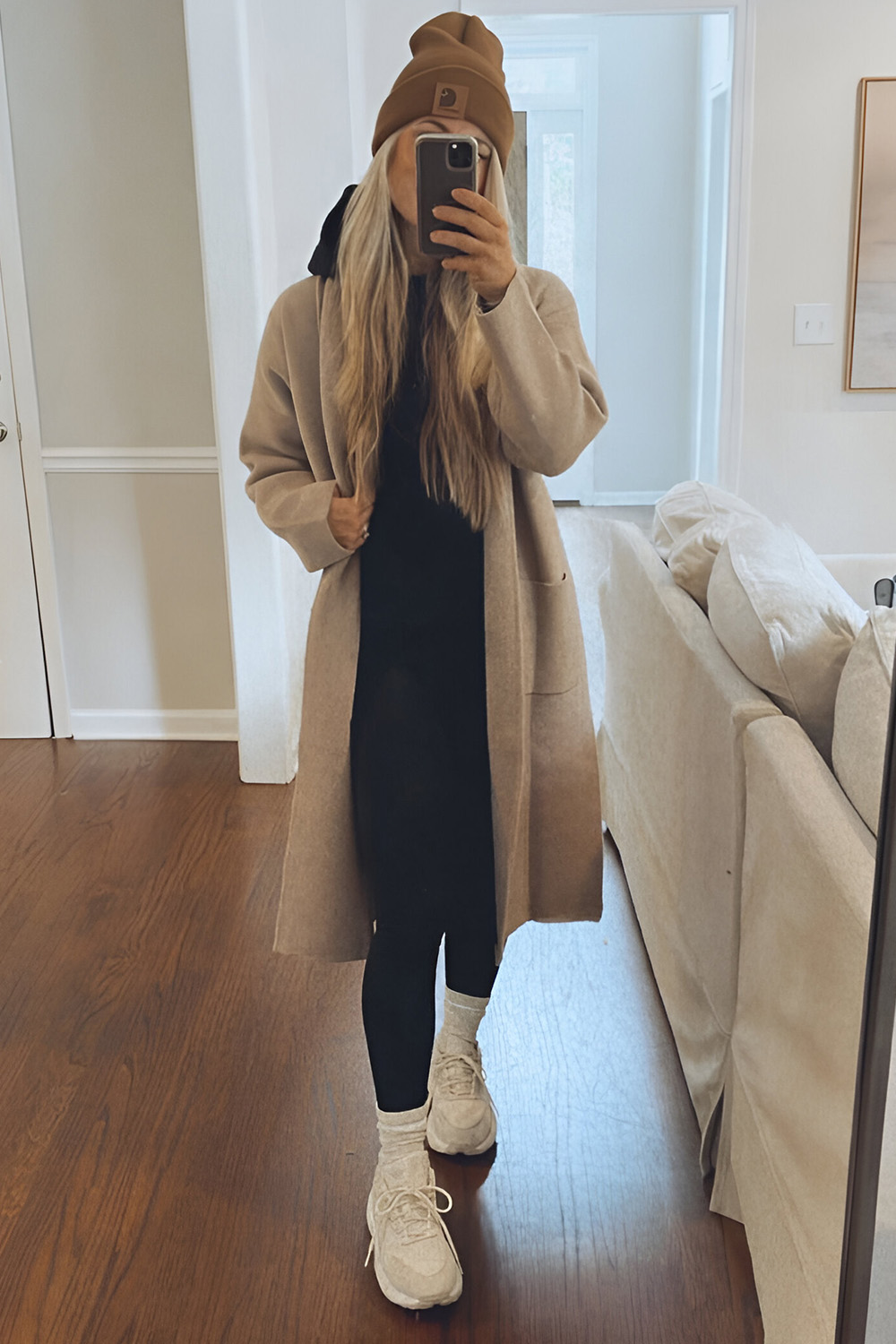 Cozy Hoodie with Wool Coat and Relaxed Jeans