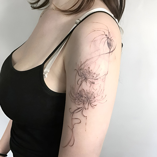 Single Red Spider Lily on the Shoulder