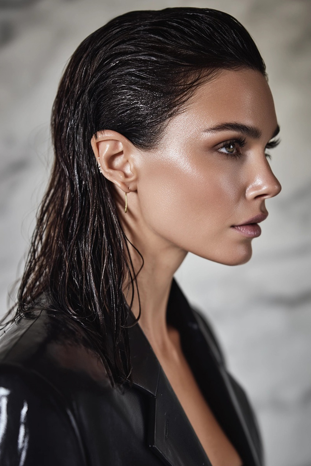 Wet look slicked back hairstyle inspired by Kim Kardashian