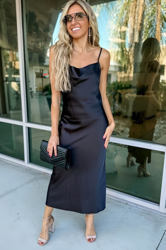 Satin slip dress with minimalist accessories, elegant NYE dinner outfit