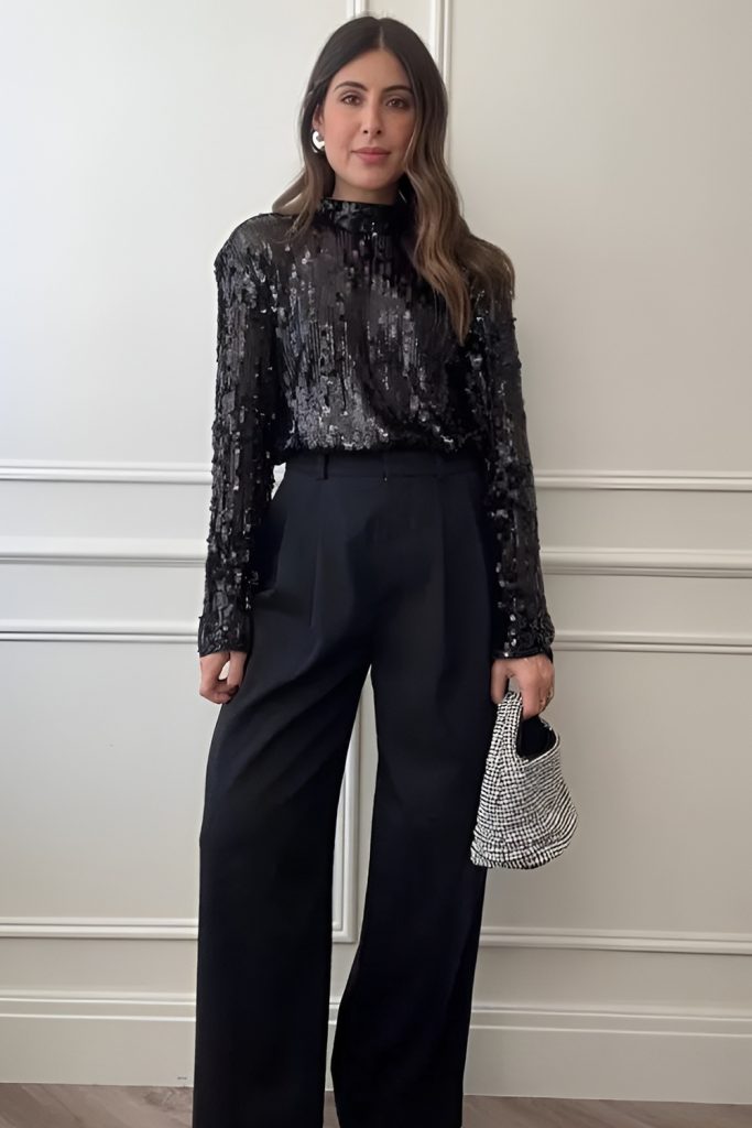 Wide-leg trousers with a glittery crop top, modern New Year's Eve look