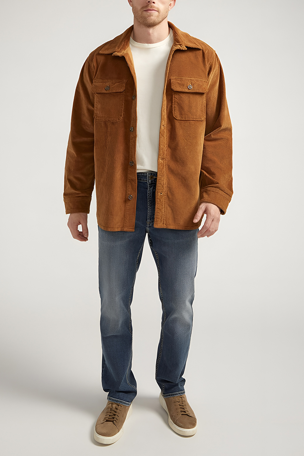 Corduroy Shirt Jacket Paired with Denim