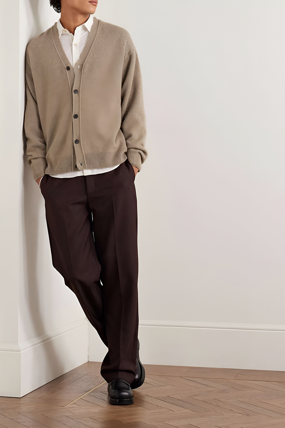 Earth Toned Cardigan Over a Crisp Button Down