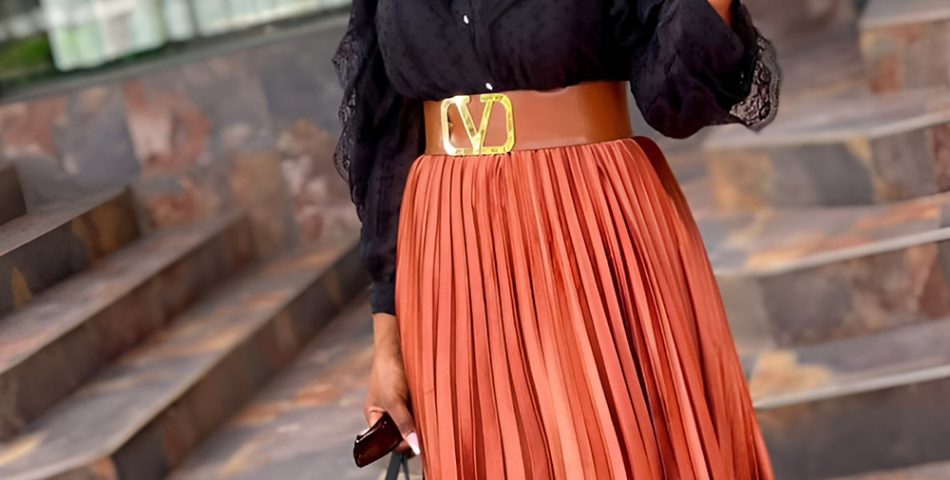 Flowing Pleated Midi Skirt with a Chic Turtleneck