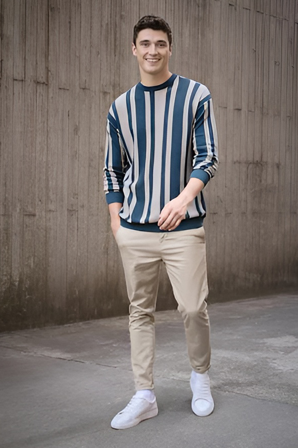 Striped Crewneck Sweater and Chino Combination
