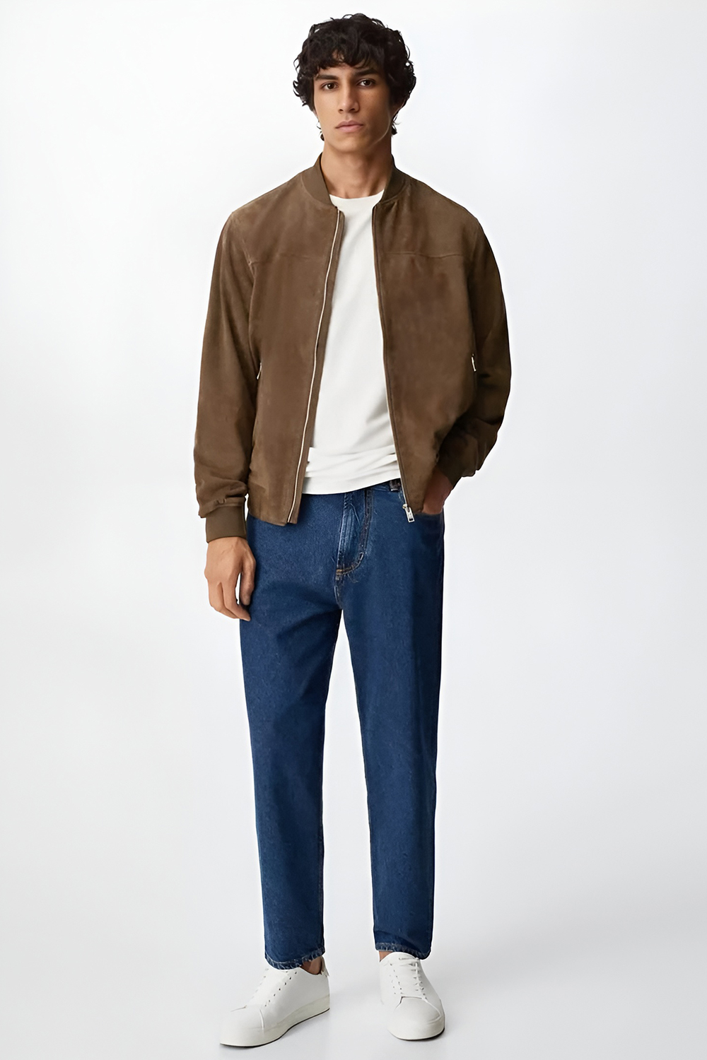 Suede Bomber Jacket with Dark Jeans