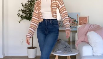 Flare jeans, crop, dnd paired with a lightweight cardigan